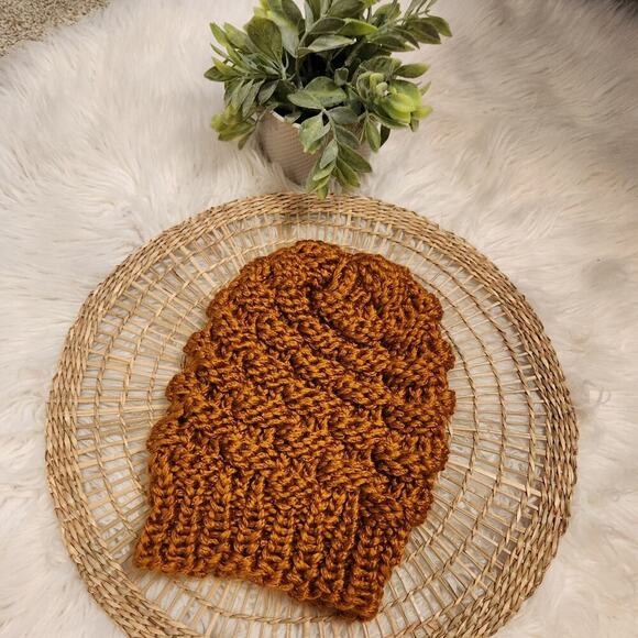 Handmade Loom Knit Gold Stocking Cap - Picture 1 of 4